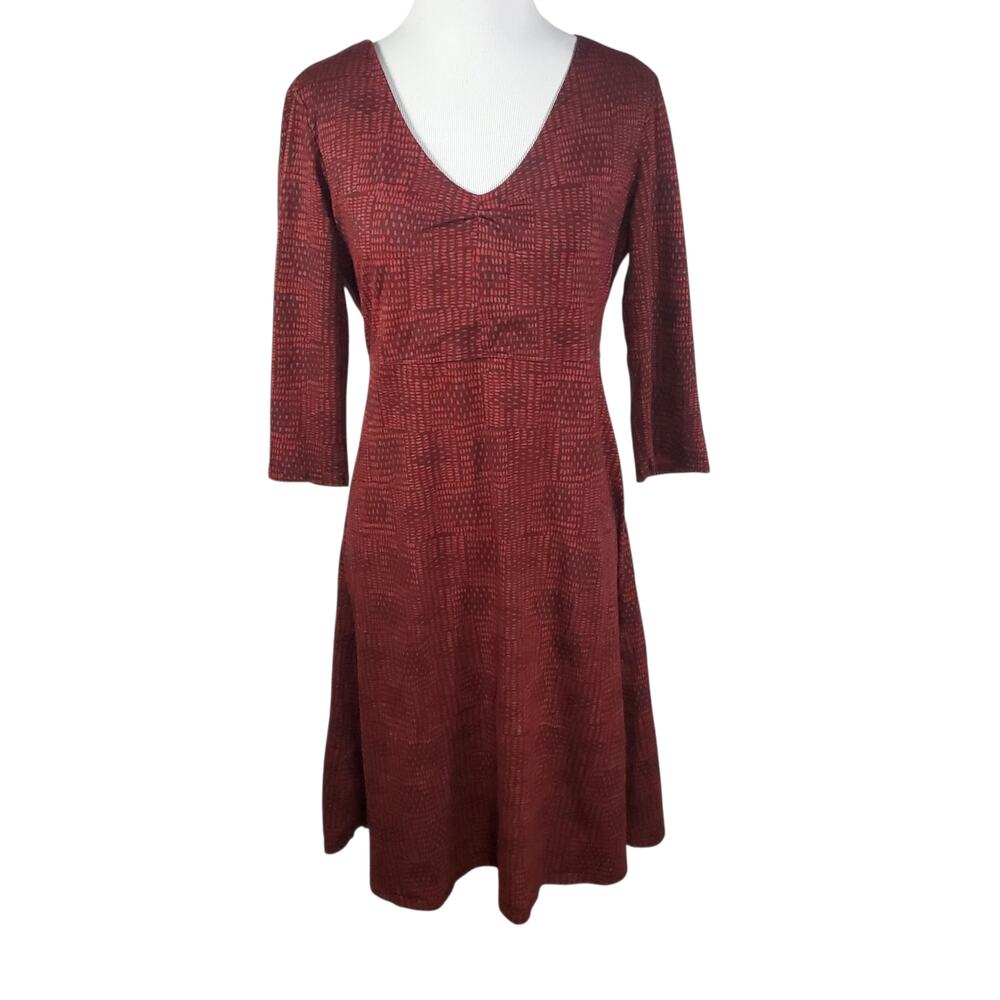 Toad & Co Rosalinda Dress Red Brown Printed V-neck 3/4 Sleeve A-line Sz M